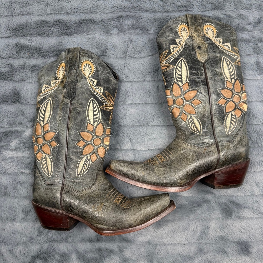 Quincy Boots Womens Distressed Black Leather Floral Embroidered Western Boots 6